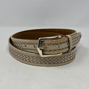 Vtg Johnston & Murphy Belt Mens 44 Italian Kipskin Braided Cream Brass Buckle